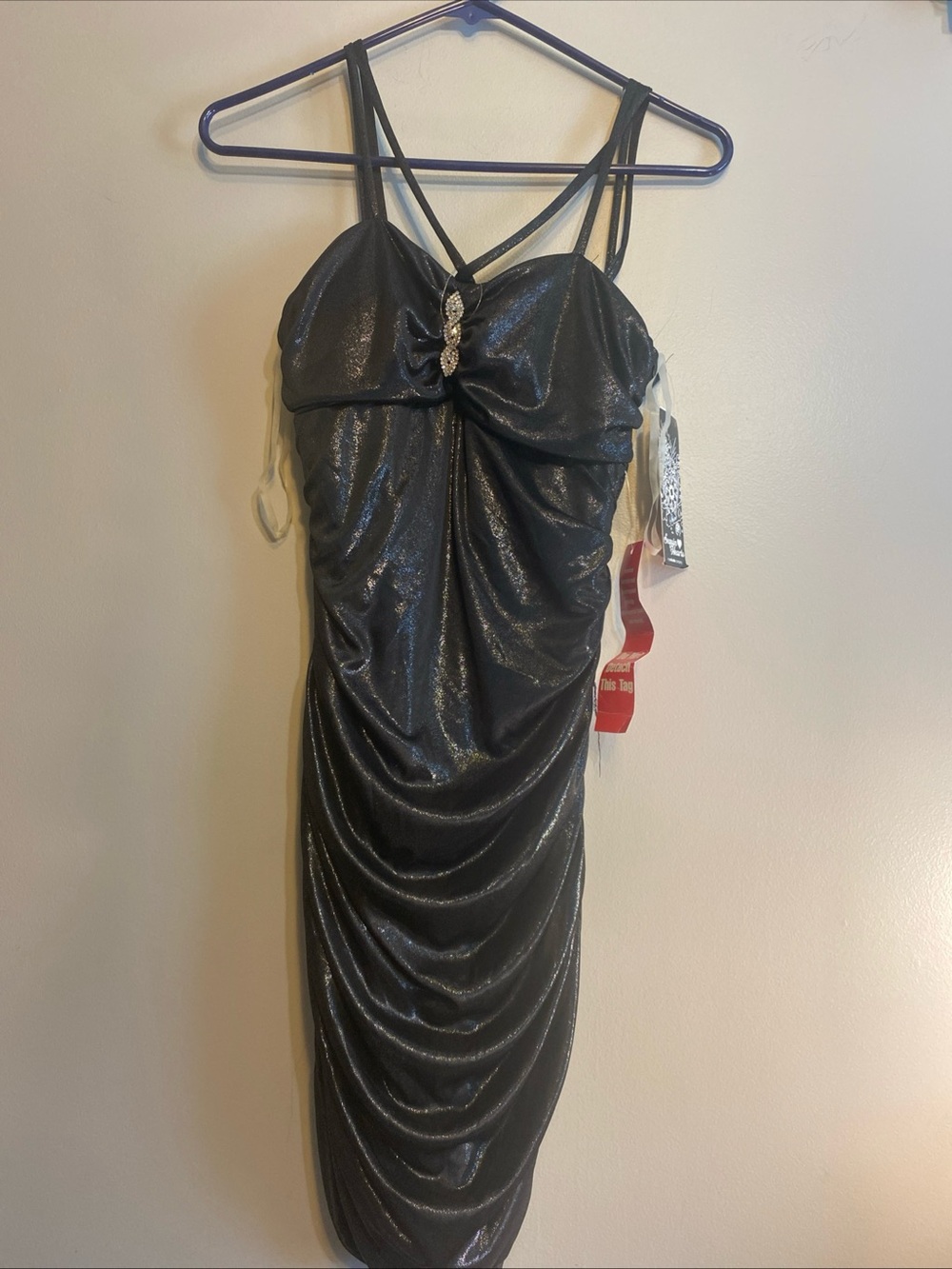 Sequin Hearts Dress M Sparkly Gunmetal Black MIDI Dress Ruching Brooch NWT
